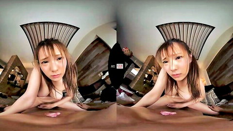 Topless Japanese girl spreads legs wide touching her pussy in VR stereo POV