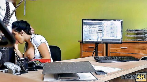 Curvy ebony woman in office trades ass for money, exposing big tits