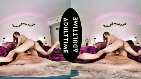 Two cute girls with trimmed pussies get eaten out by a guy in steamy VR threesome