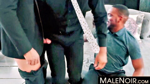 Tall suited Black stud exposes massive erect BBC as two muscular guys kneel grabbing pants in gay threesome