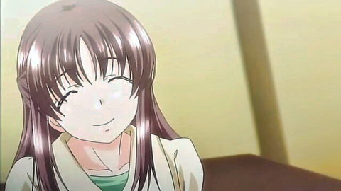 Smiling anime girl with long brown hair in Shin Ringetsu Ep.2, softcore tease