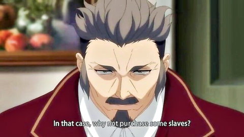 Anime fantasy man with gray hair and mustache in red coat suggests purchasing slaves