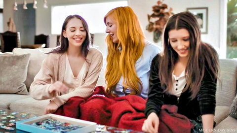 Three hot young women in casual outfits tease lustful threesome vibes