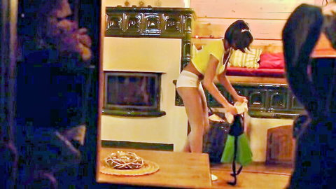 Stunning brunette neighbor bending over in tight yellow crop top and white shorts