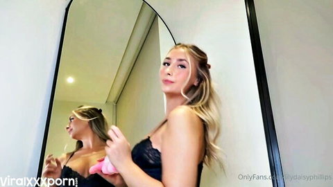 Lillian Phillips blonde in black lace lingerie teasing with pink dildo mirror selfie