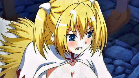 Blonde twintail anime girl with huge exposed breasts in white cloak, flushed face hentai thumbnail