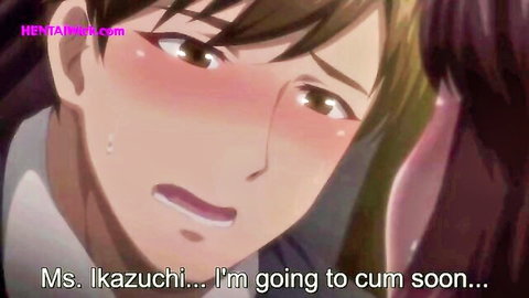 Hentai girl ahegao face tongue out ecstasy as guy sweats saying he's cumming soon