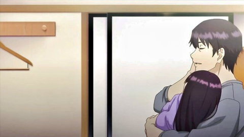 Anime couple in intimate hug, woman embraced from behind