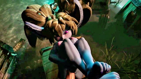 Purple-skinned yordle girl with orange hair in explicit curled nude pose