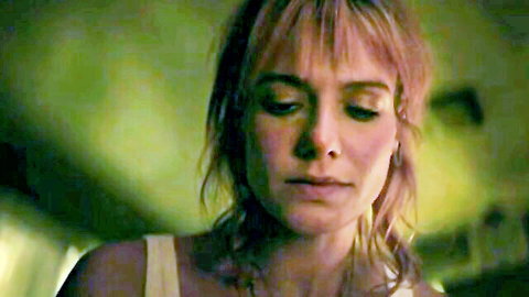 Sallie Harmsen intense close-up in white tank top, blonde hair, from Suga 2025