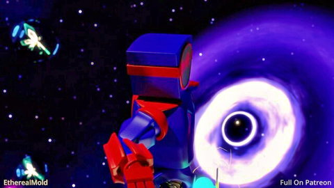 Blocky blue animated character approaches glowing portal in sci-fi adult passion scene