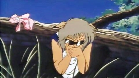 Shy gray-haired anime girl in sunglasses and white top peeking in Cream Lemon hentai