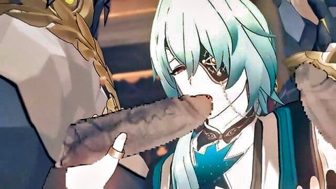 Honkai Star Rail anime character with blue hair in explicit dildo blowjob scene
