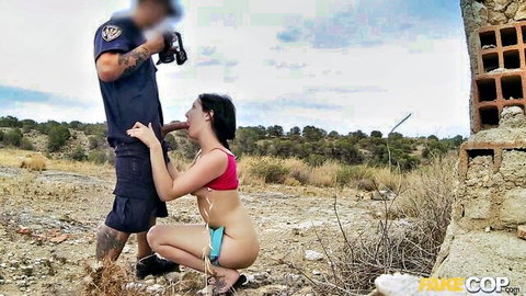 Peachy arsed Spanish babe in bikini gives blowjob to cop outdoors