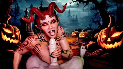 Red-skinned Karlach cosplay succubus sucking huge dildo in POV Halloween graveyard