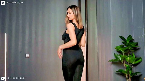 Calliadesigner teasing in tight black bodysuit, erotic webcam dance from behind