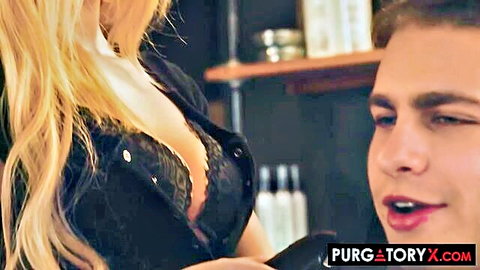 Chloe Creamy in black lace bra showing big tits to smiling guy
