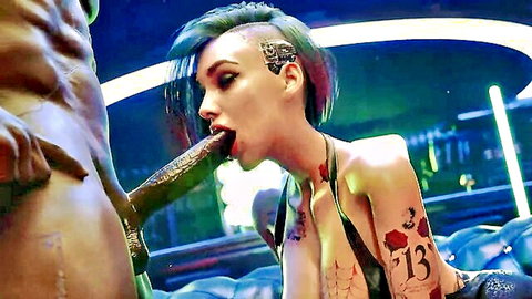 Cyberpunk babe with tattoos sucks huge black dildo on muscular man