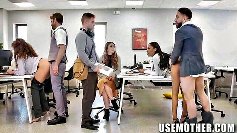 Penelope Kay and Charley Hart bent over desks in office gangbang with Peter Green and Nicky Rebel