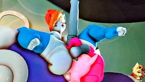 Anthro Rainbow Dash rides toy with Pinkie Pie in furry pony sex