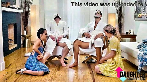 Freya von Doom & Sweet Sophia in dresses pamper Peter Green & Duncan Saint in robes