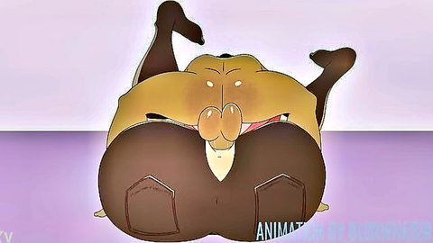 Animated futanari with massive ass in tight pants, legs raised, erect cock visible