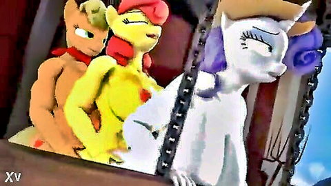 Anthropomorphic ponies Applejack and Big Mac in explicit threesome with Rarity watching