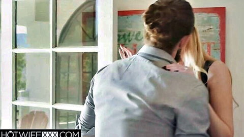 Audrey Madison blonde big tit wife embraces lover from behind in hotwife scene