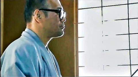 Mature Japanese man in blue yukata, side profile gazing out, stepdad incest JAV theme