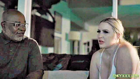 Jenna Starr blonde in low-cut white top with black man, intimate couple scene