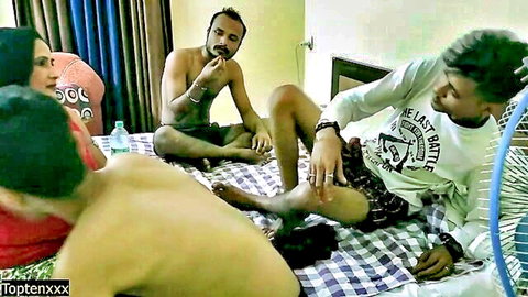 Desi Bhabhi shared with friends in casual room, reluctant hot encounter