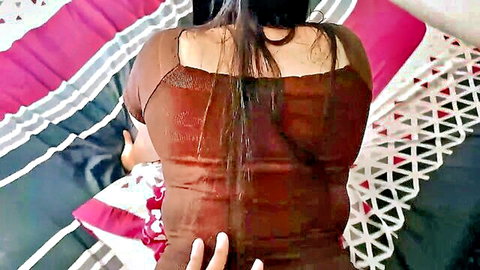 Curvy brunette stepsister teases from behind in tight brown top