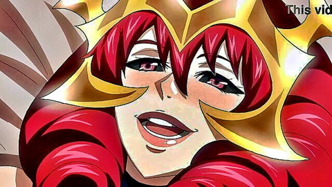 Seductive anime Yvain with red hair and golden crown, open-mouthed tease after battle