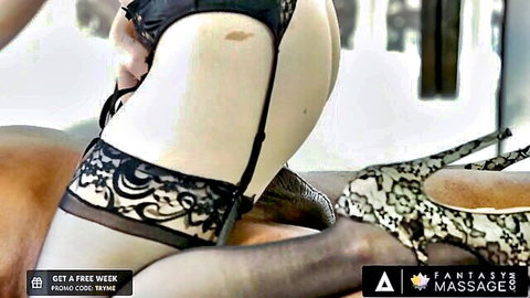 Jessica Ryan in black lingerie bent over for Sean Michaels in steamy affair