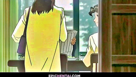 Anime teacher in yellow dress reads newspaper with student, seductive hentai scene