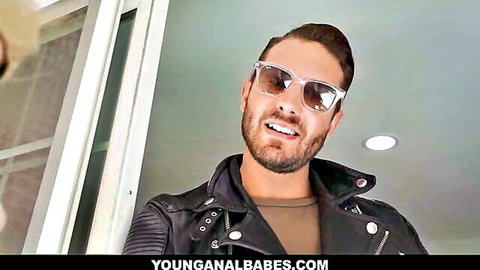 Quinton James in leather jacket smiles at blonde Ava Sinclaire in teasing neighbor scene
