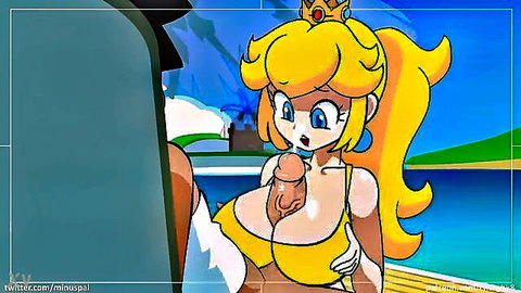 Busty Princess Peach in yellow bikini teases cock with big tits by lake