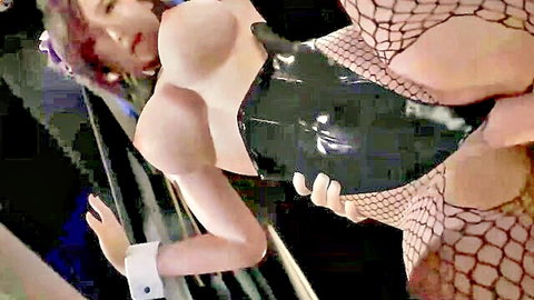 Asian stewardess in latex corset and fishnets spanked by passenger's cock ASMR
