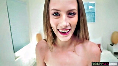 Kyler Quinn topless stepsister smiling seductively in bedroom