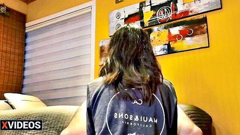 Young Latina student in gray tank top, long hair, after-class tease from behind