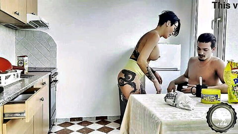 Tattooed topless stepmom Joe Di Marco cooks breakfast in yellow panties