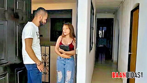 Leela Moon busty Latina in red top and jeans talking to man, Baandidas scene