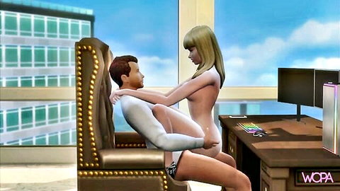 Blonde babe straddles boss in office chair for job-saving fuck