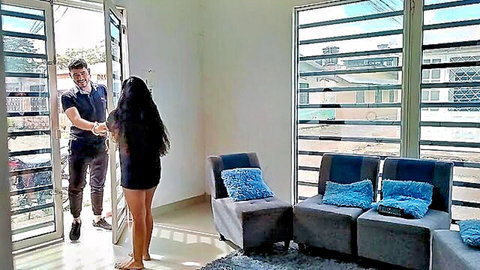 Brunette in mini dress pays housekeeper with sex at home