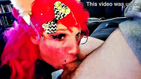 Femboy in red wig slobbering deepthroat blowjob catches surprise cumshot