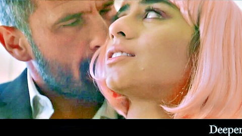 Violet Myers in pink wig with Manuel Ferrara in intimate close-up cosplay tease
