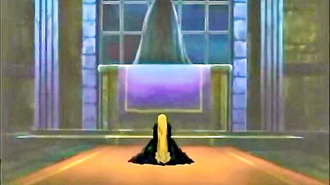 Hentai princess in black gown kneeling before shadowy monster figure