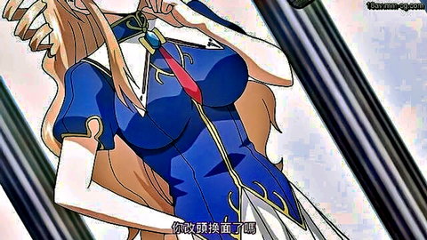 Busty blonde anime beauty in sexy blue dress with massive cleavage
