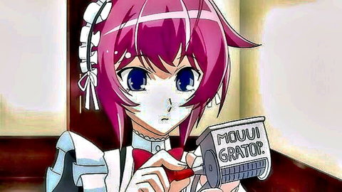 Anime pink-haired maid in frilly uniform holding stamp device