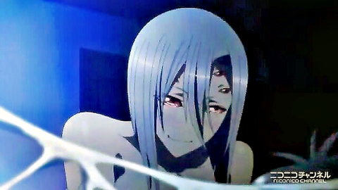 Seductive blue-haired arachne monster girl with multiple eyes from Monster Musume uncensored